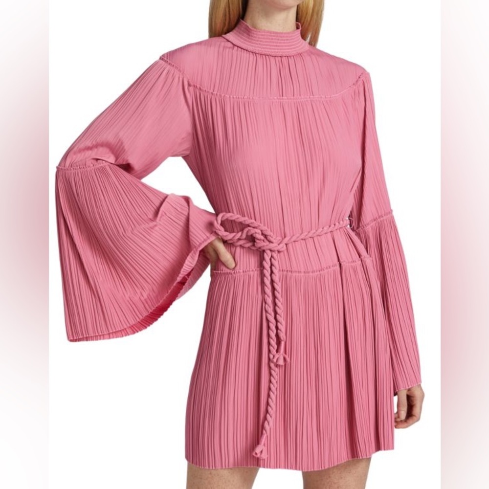 Brand New Chic Pink Pleated Dress with Tie Waist